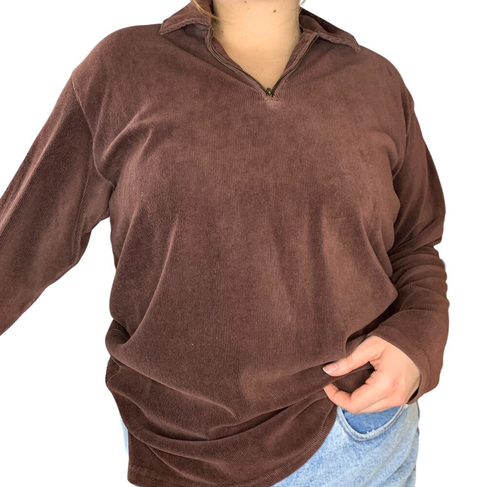 Vintage Brown Corduroy Oversized Collared Cottage Shirt Long Sleeve Top Large